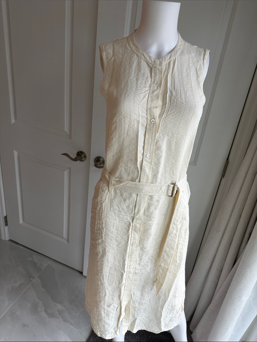 Theory Sleeveless Cream Button-Front Belted Midi Dress